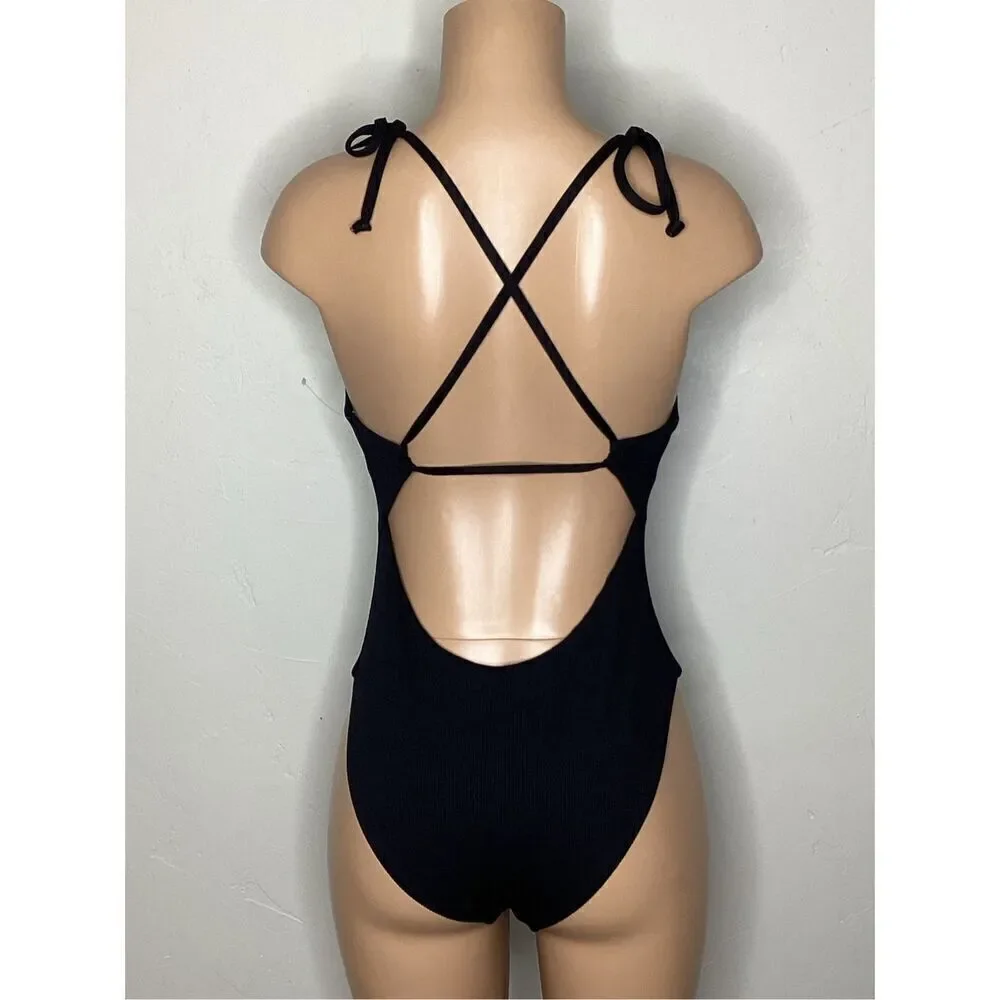 New. AQUA black ribbed v-neck. Medium . Retails $98
